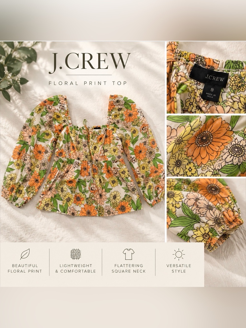J. Crew Floral Square-Neck Tie-Front Blouse in Orange, Yellow & Green